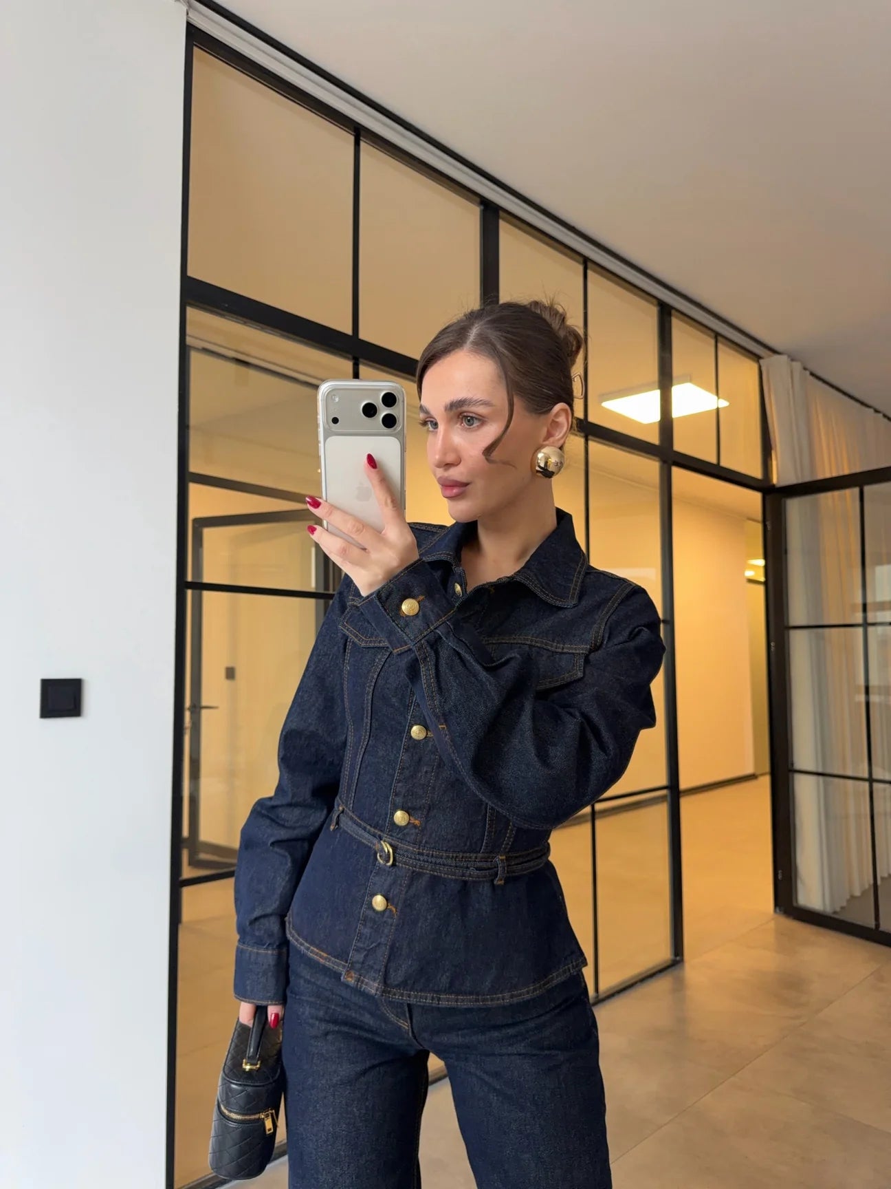 GOLD BUTTONED WAIST-FITTED JACKET AND STRAIGHT PANTS DENIM SET