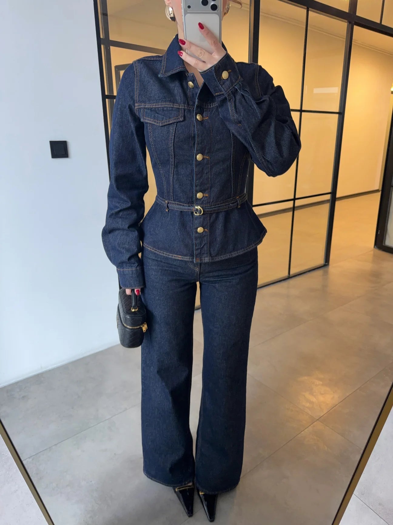 GOLD BUTTONED WAIST-FITTED JACKET AND STRAIGHT PANTS DENIM SET