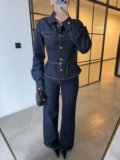 GOLD BUTTONED WAIST-FITTED JACKET AND STRAIGHT PANTS DENIM SET