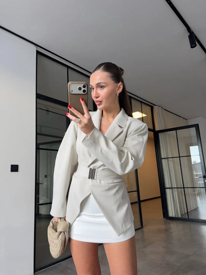 Beige Double-Breasted blazer with Belt Detail