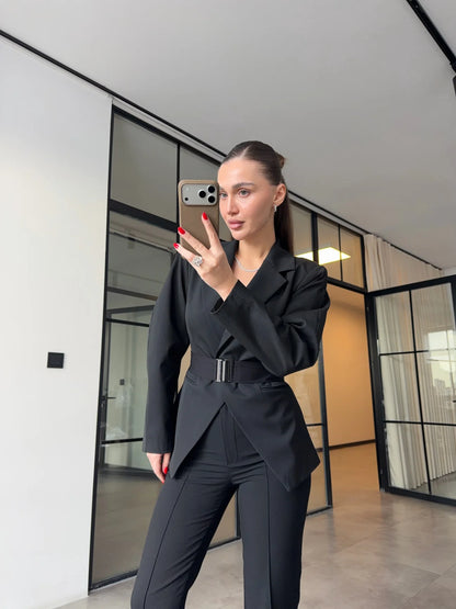 Black Double-Breasted blazer with Belt Detail