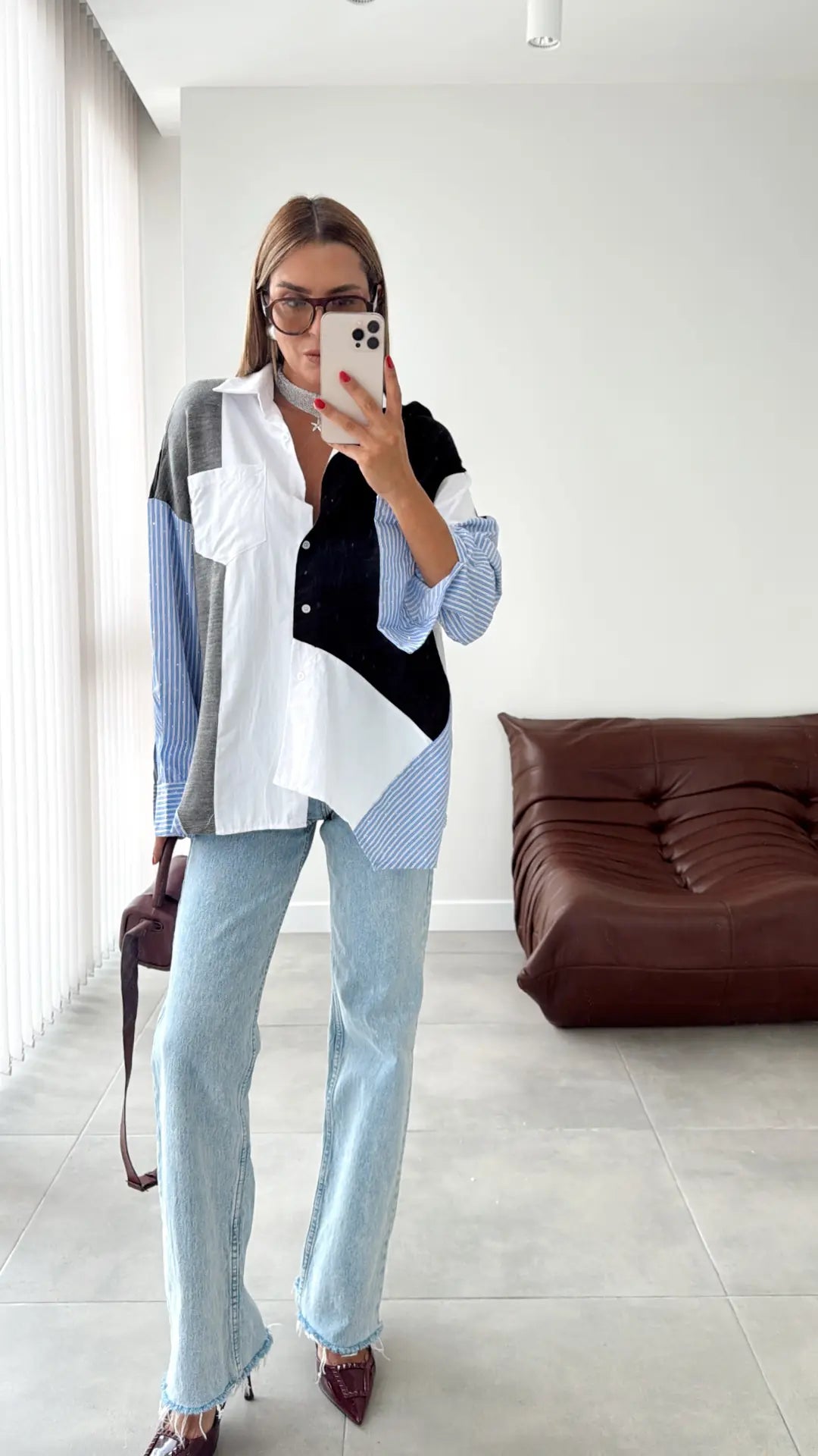 Color Block oversized shirt Patchwork Design with Striped Sleeves - black