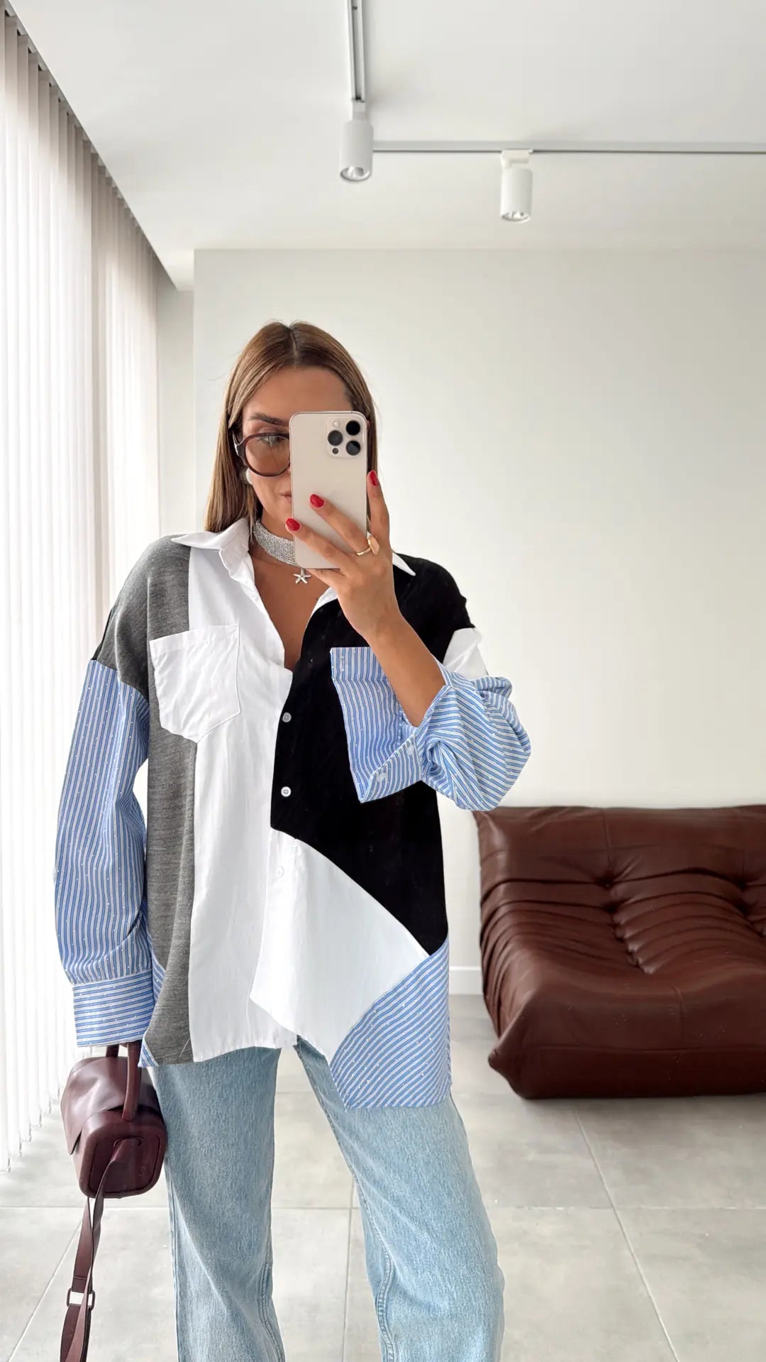 Color Block oversized shirt Patchwork Design with Striped Sleeves - black