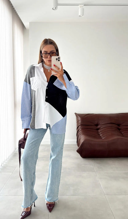 Color Block oversized shirt Patchwork Design with Striped Sleeves - black