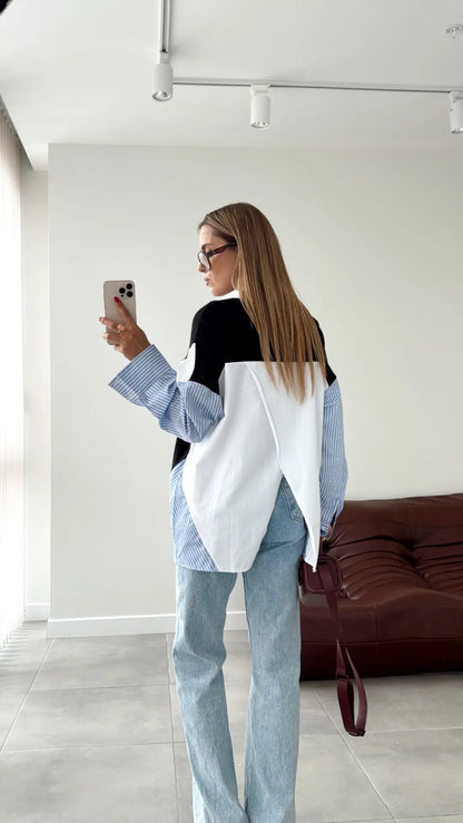 Color Block oversized shirt Patchwork Design with Striped Sleeves - black