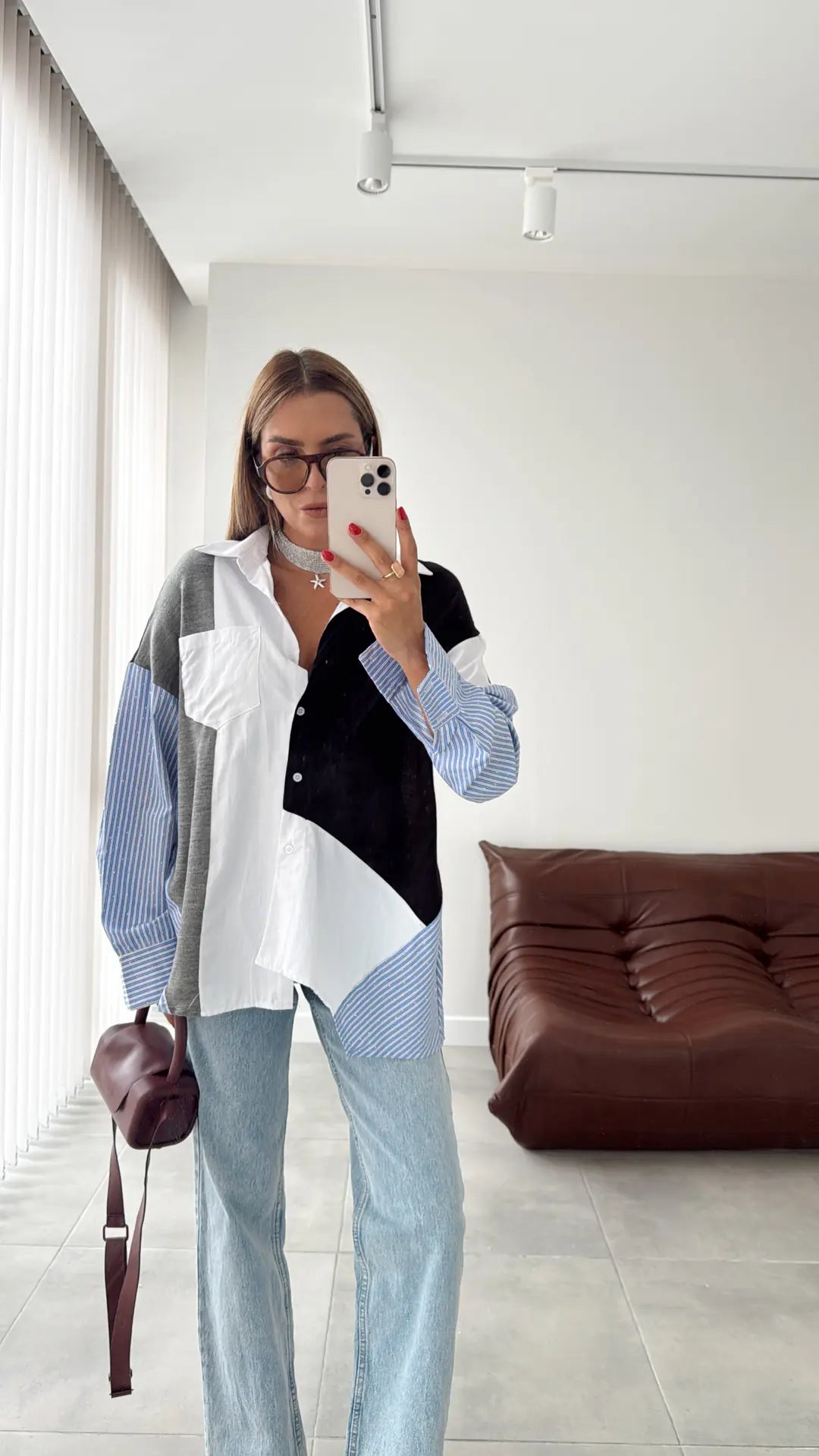 Color Block oversized shirt Patchwork Design with Striped Sleeves - black