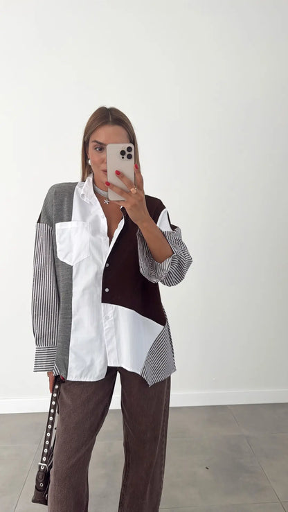 Women’s Color Block Button-Up Shirt – Oversized Patchwork Design with Striped Sleeves - brown