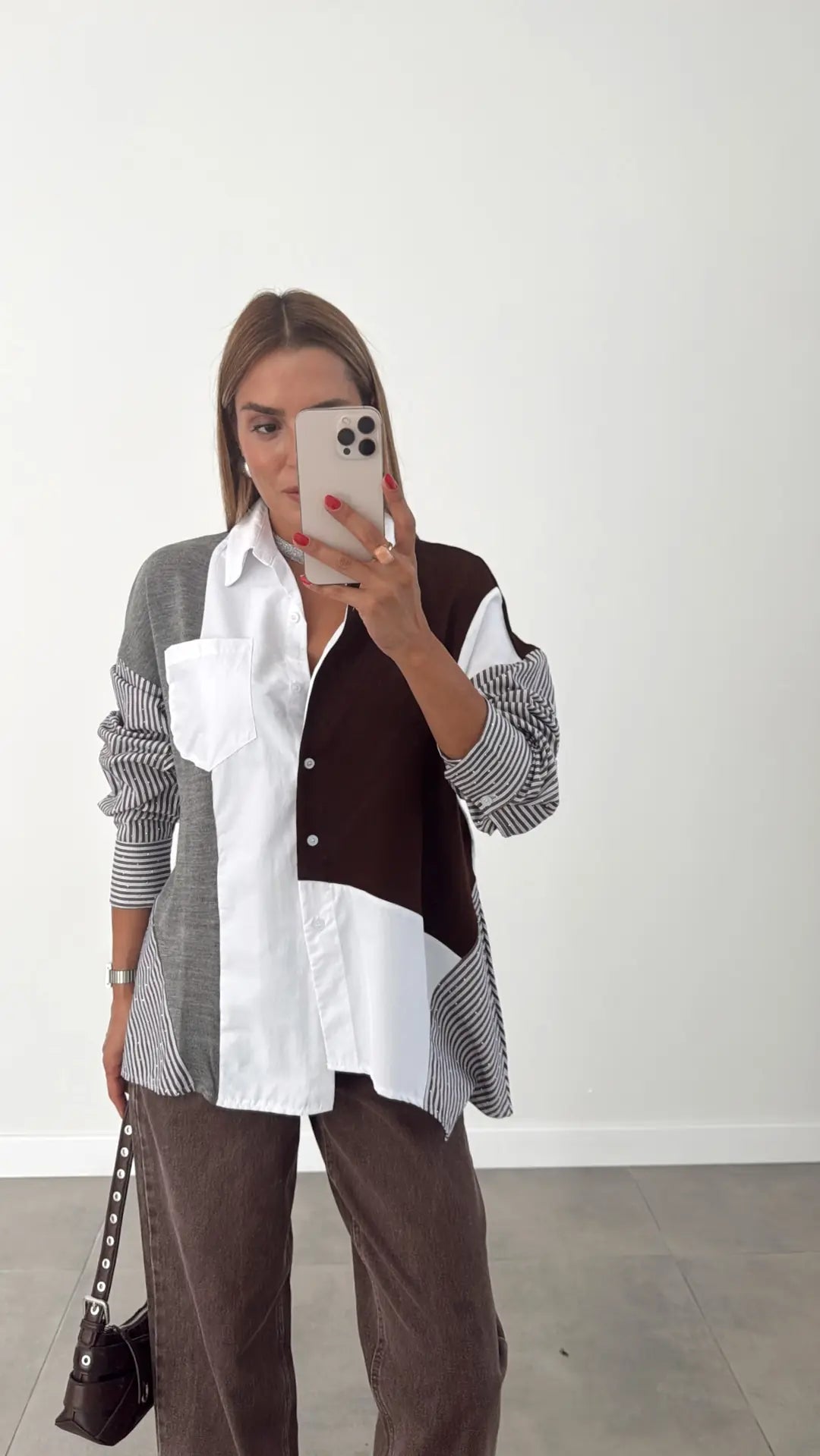 Women’s Color Block Button-Up Shirt – Oversized Patchwork Design with Striped Sleeves - brown