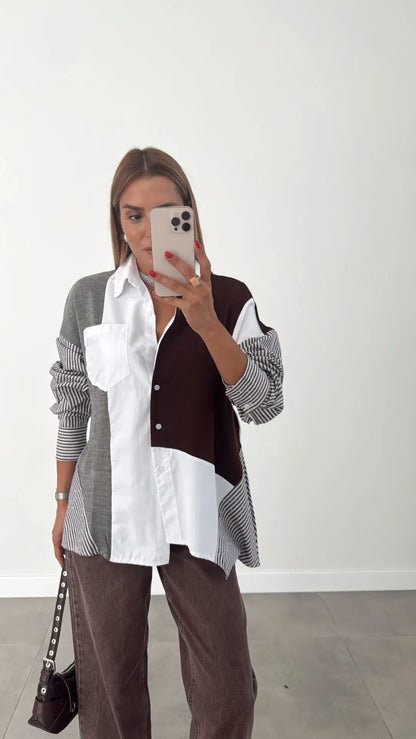 Women’s Color Block Button-Up Shirt – Oversized Patchwork Design with Striped Sleeves - brown