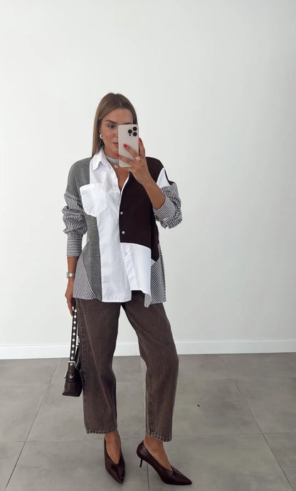 Women’s Color Block Button-Up Shirt – Oversized Patchwork Design with Striped Sleeves - brown