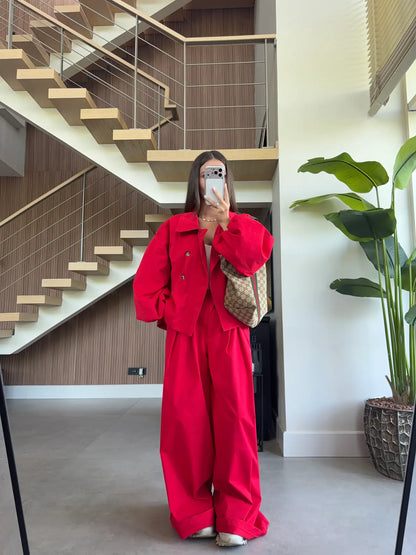 DOUBLE-BREASTED TRENCH PANTS SET- Red