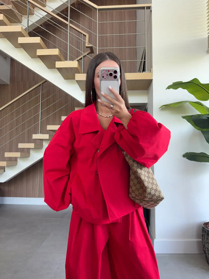 DOUBLE-BREASTED TRENCH PANTS SET- Red