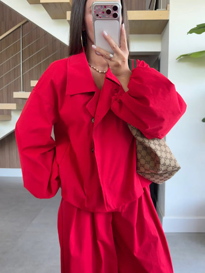 DOUBLE-BREASTED TRENCH PANTS SET- Red