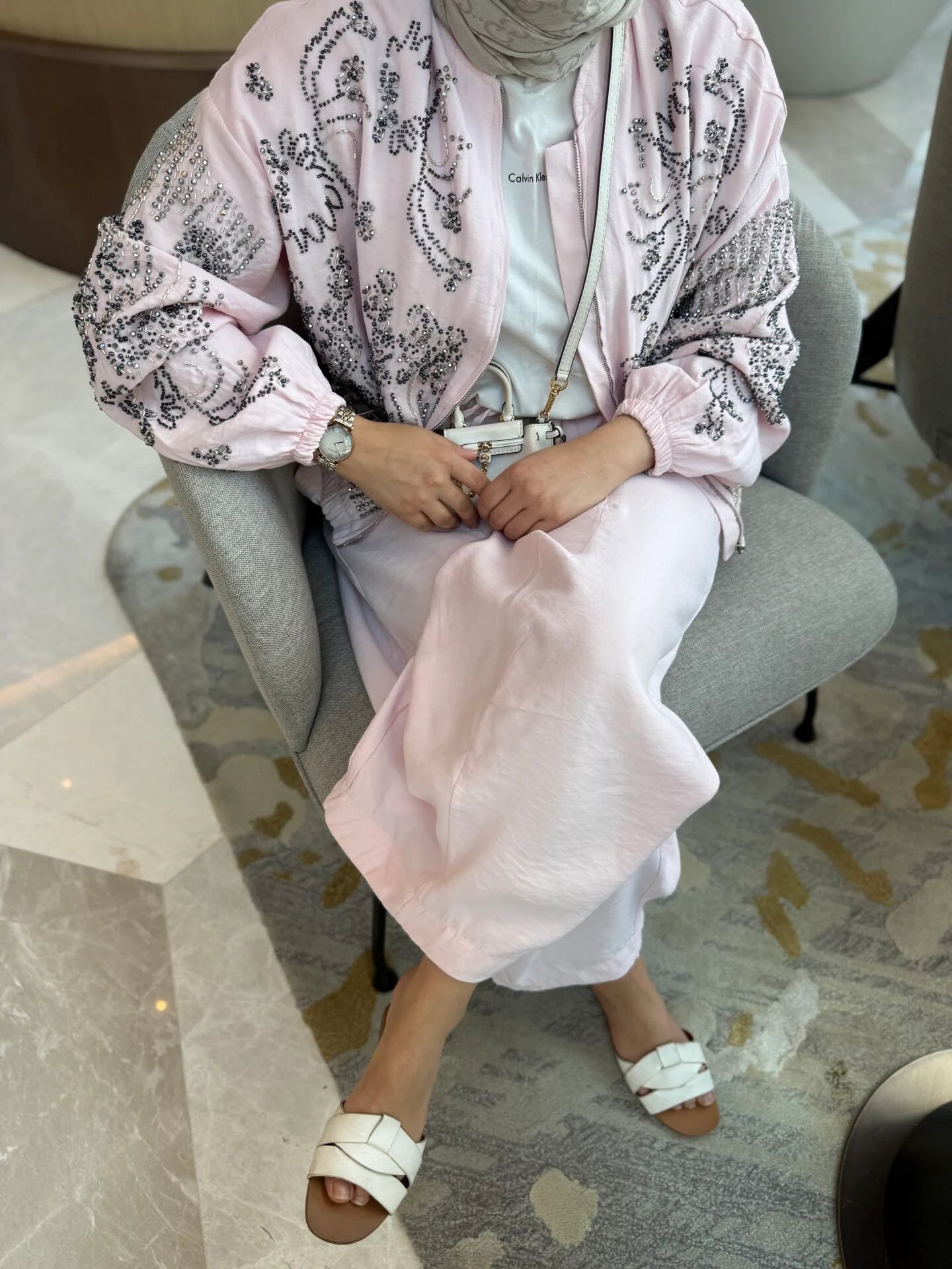 Fully embellished bomber jacket with Barrel Leg pants