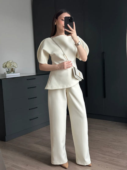 ASYMMETRICAL CUT BALLOON SLEEVE PREMIUM SET-BEIGE