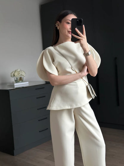 ASYMMETRICAL CUT BALLOON SLEEVE PREMIUM SET-BEIGE