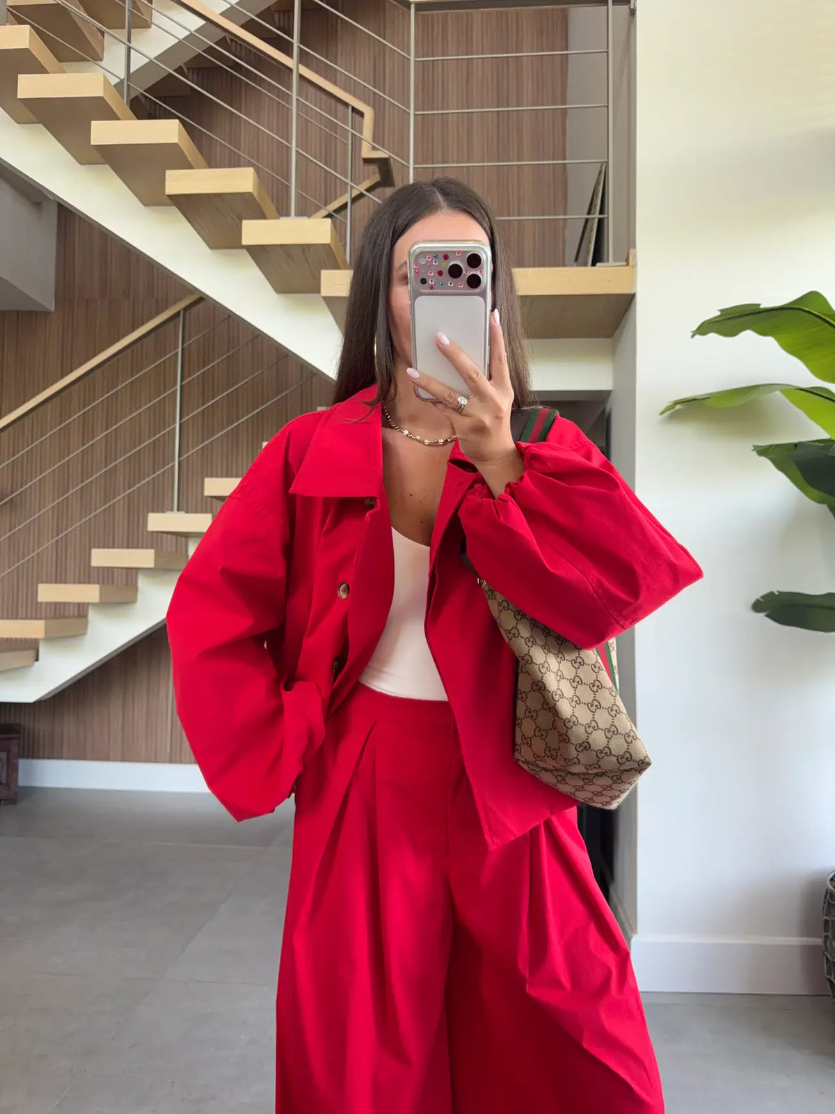 DOUBLE-BREASTED TRENCH PANTS SET- Red