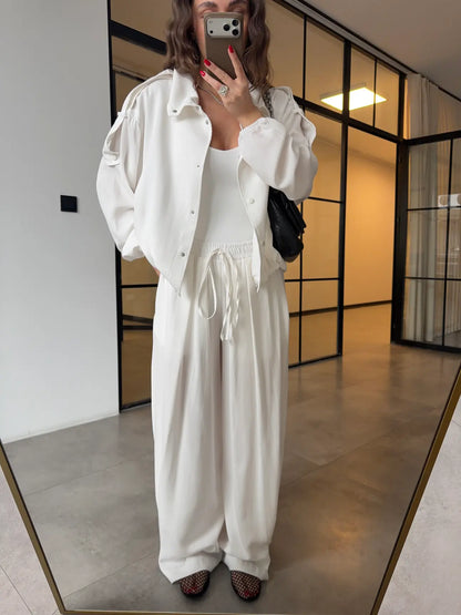 Tencel Bomber Jacket and Pants Set with Epaulets