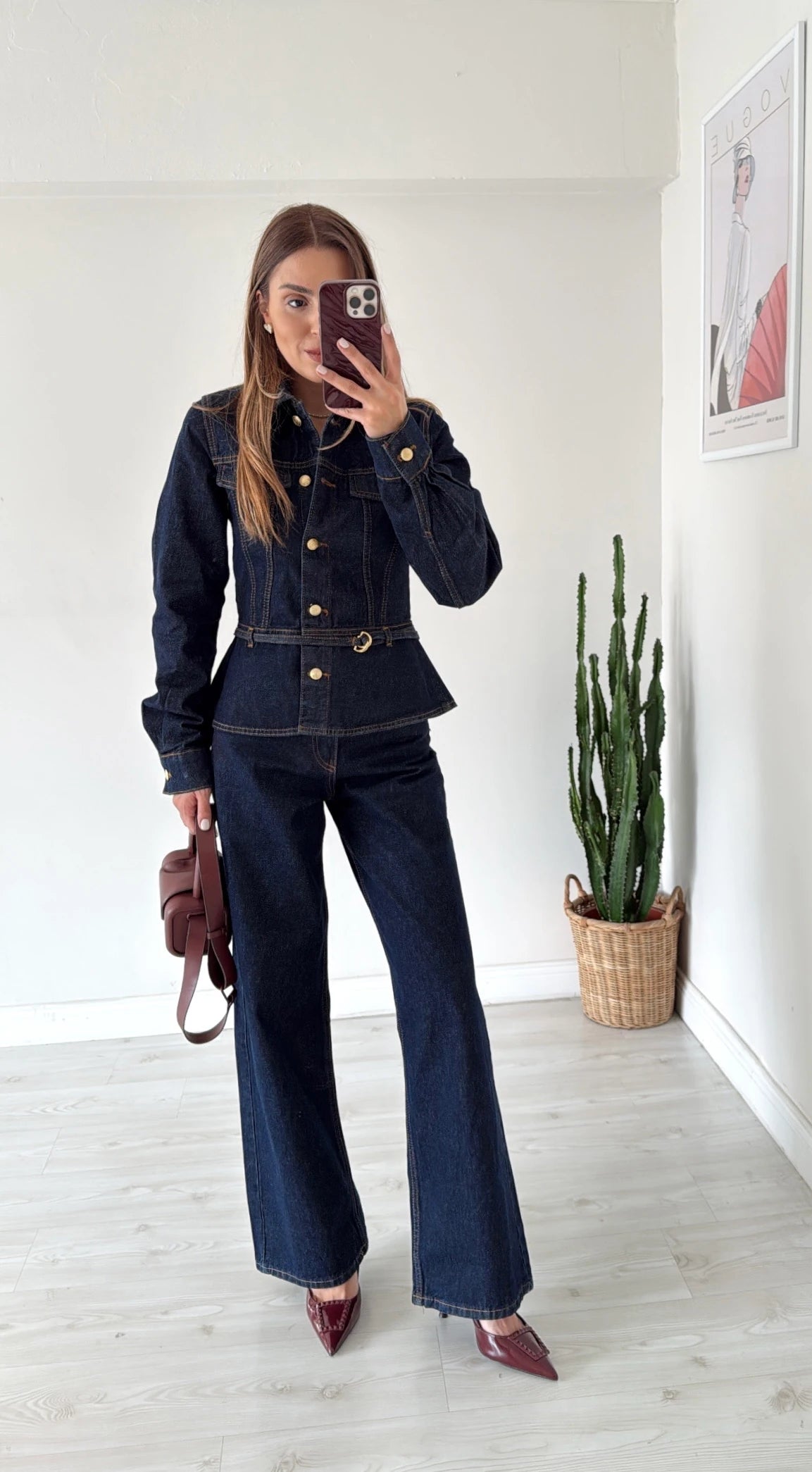 GOLD BUTTONED WAIST-FITTED JACKET AND STRAIGHT PANTS DENIM SET