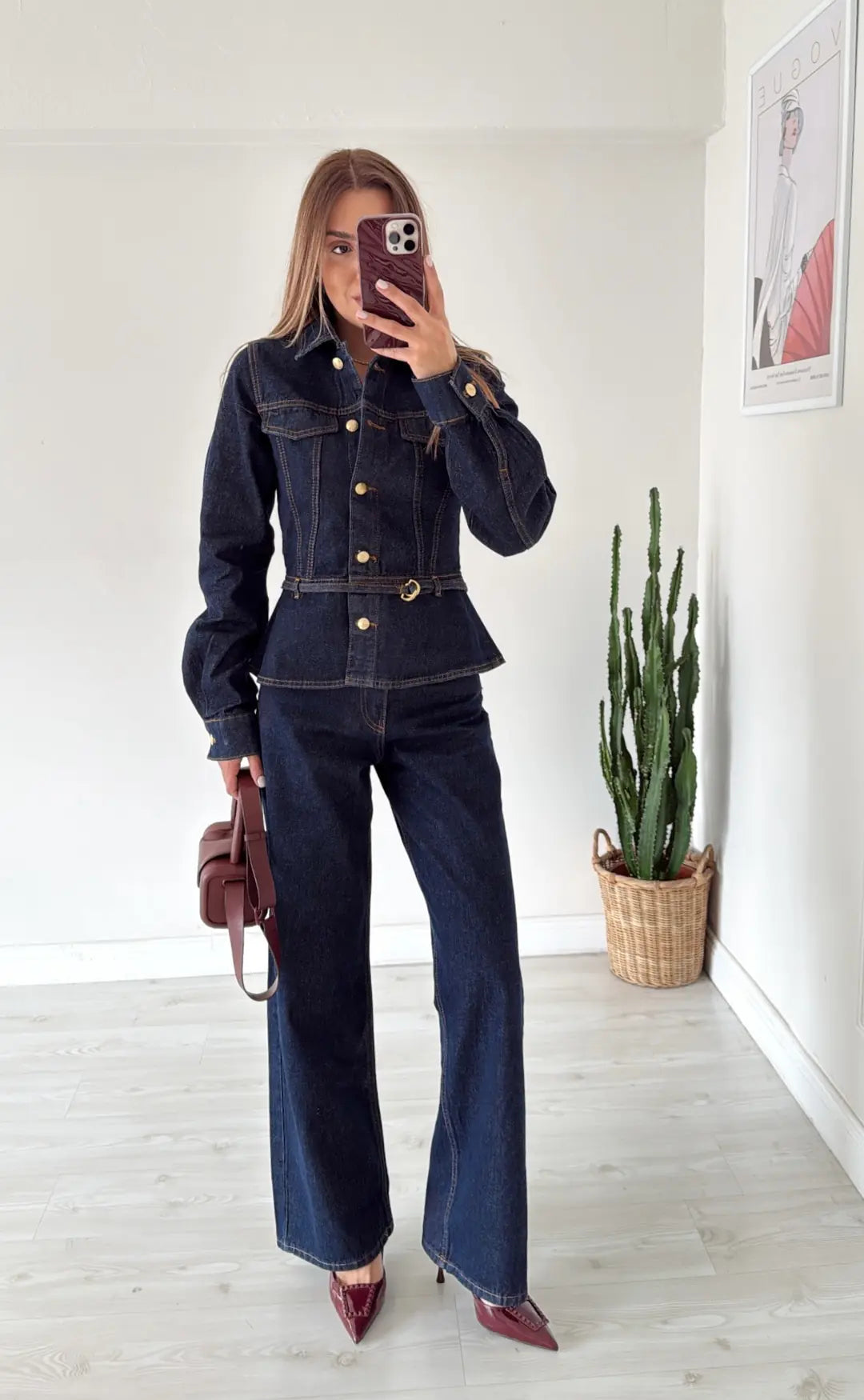 GOLD BUTTONED WAIST-FITTED JACKET AND STRAIGHT PANTS DENIM SET
