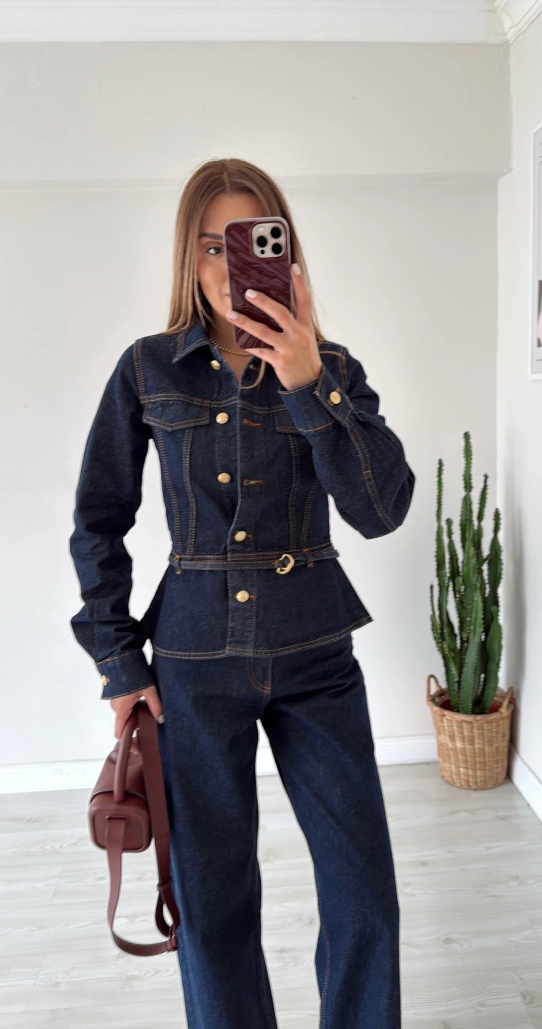 GOLD BUTTONED WAIST-FITTED JACKET AND STRAIGHT PANTS DENIM SET