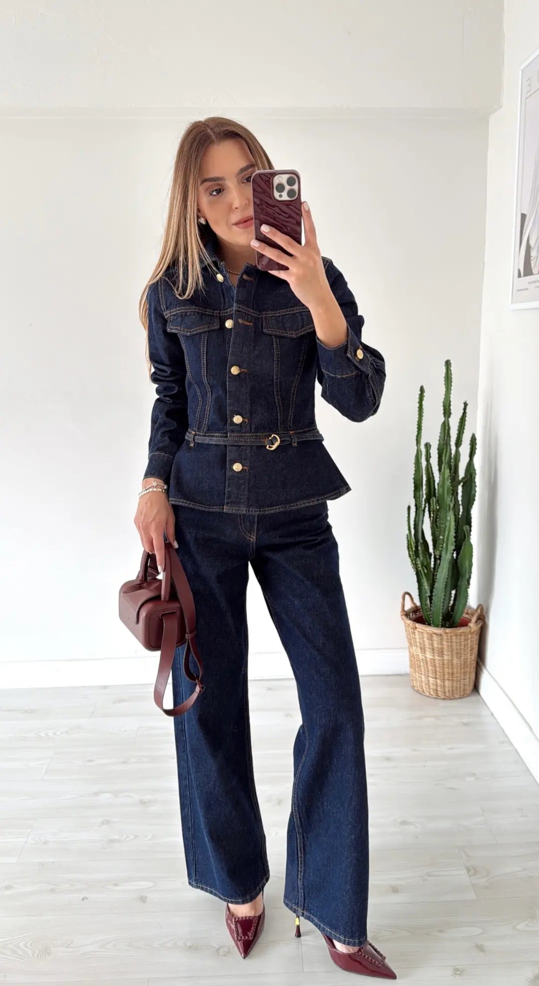 GOLD BUTTONED WAIST-FITTED JACKET AND STRAIGHT PANTS DENIM SET