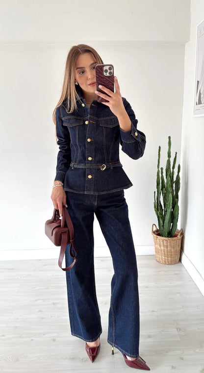 GOLD BUTTONED WAIST-FITTED JACKET AND STRAIGHT PANTS DENIM SET