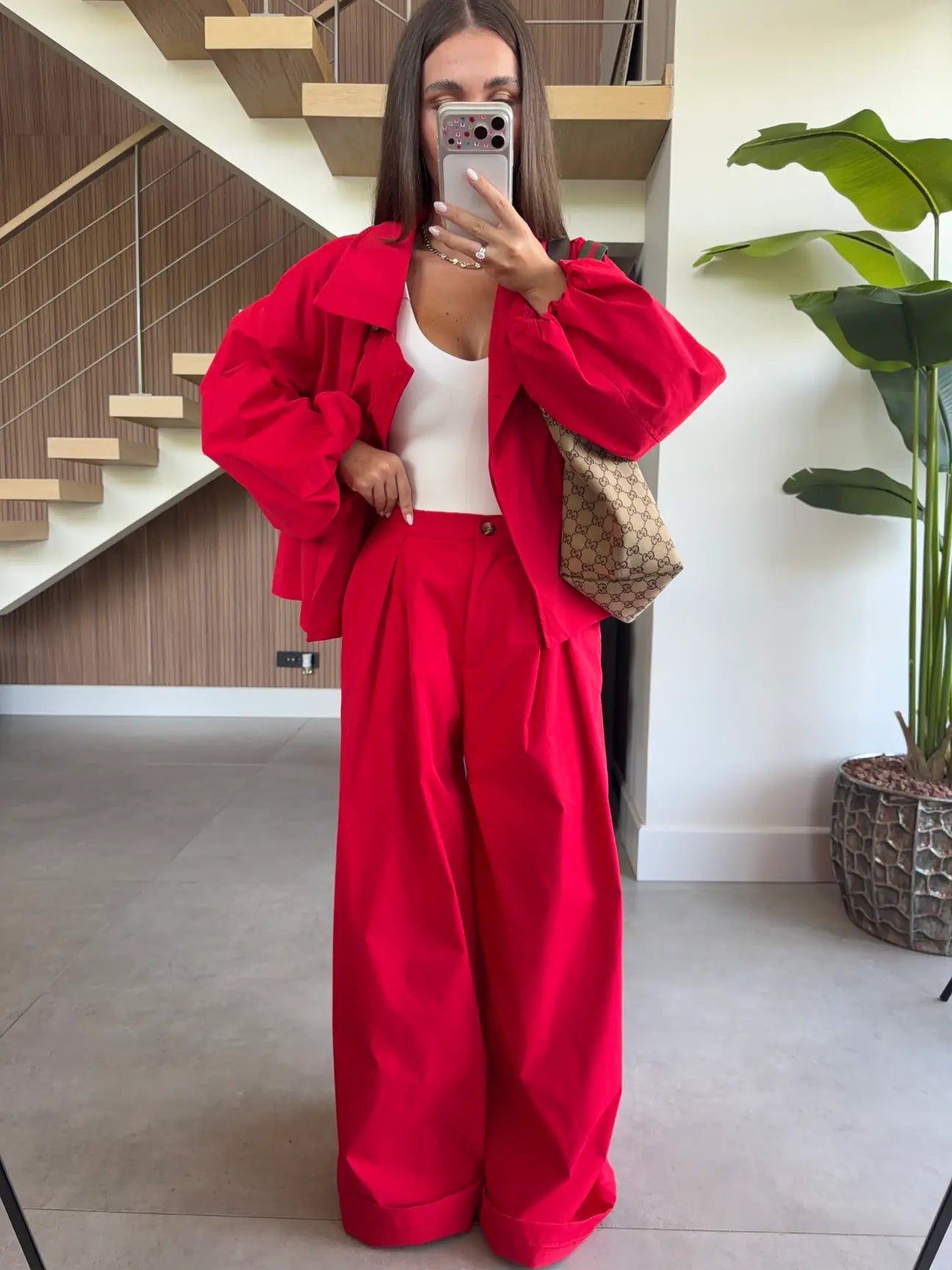 DOUBLE-BREASTED TRENCH PANTS SET- Red