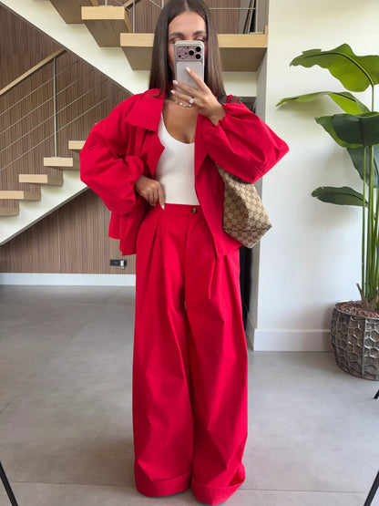 DOUBLE-BREASTED TRENCH PANTS SET- Red