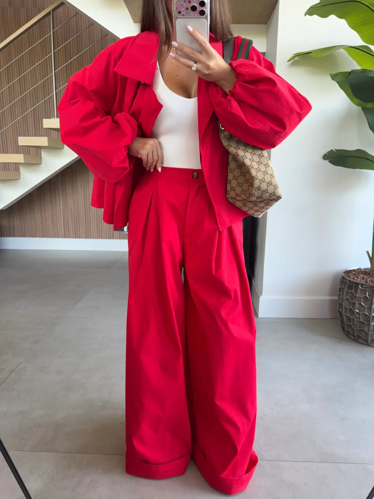 DOUBLE-BREASTED TRENCH PANTS SET- Red