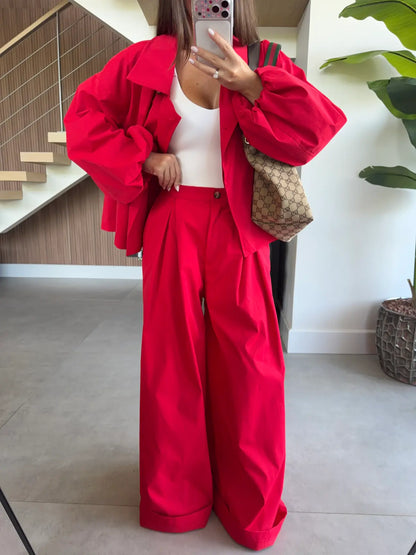 DOUBLE-BREASTED TRENCH PANTS SET- Red
