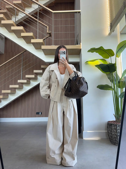 DOUBLE-BREASTED TRENCH PANTS SET - BEIGE