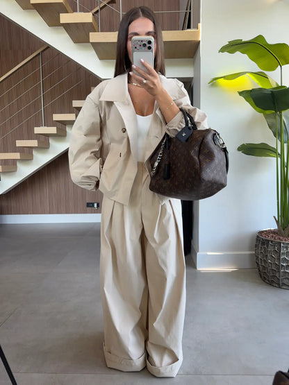Double-breasted Trench pants co-ord set  - beige