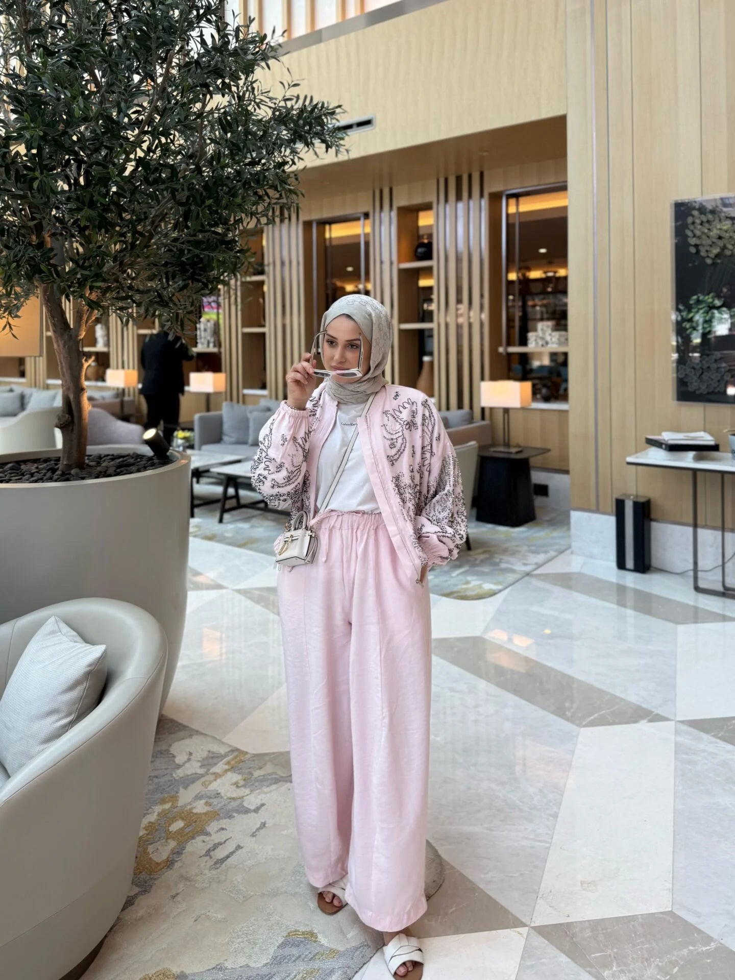 Fully embellished bomber jacket with Barrel Leg pants