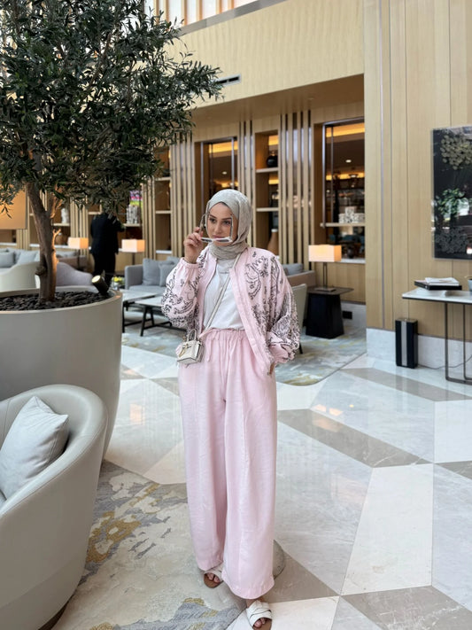 Fully embellished bomber jacket with Barrel Leg pants