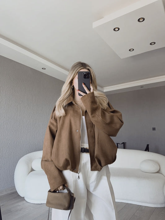 Zr model faux suede bomber jacket