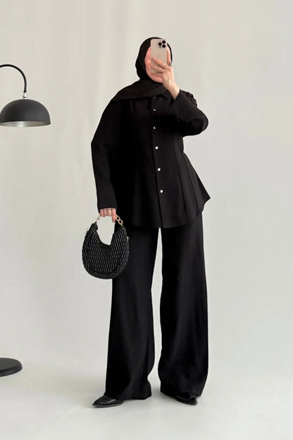 Renza black Waist-Fit shirt and Trousers Set