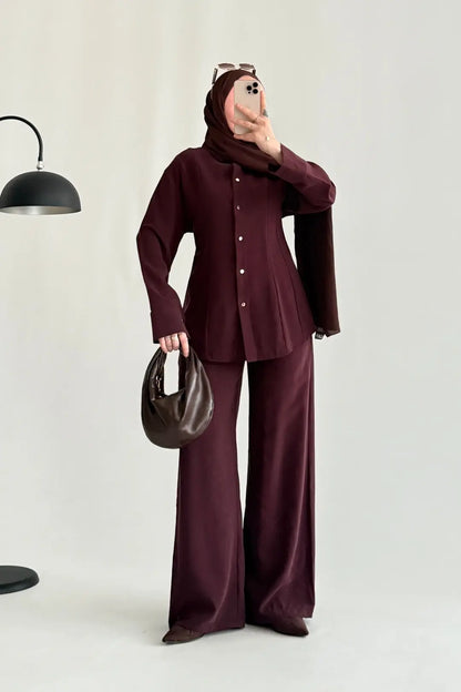 Renza Plum Waist-Fit shirt and Trousers Set