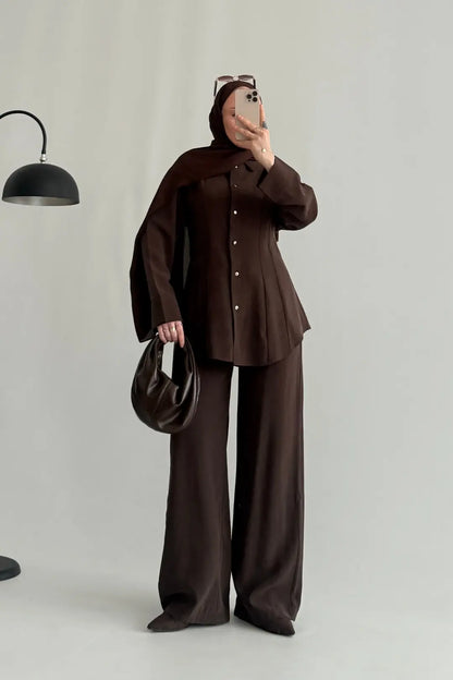 Renza brown Waist-Fit shirt and Trousers Set
