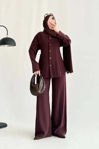 Renza Plum Waist-Fit shirt and Trousers Set