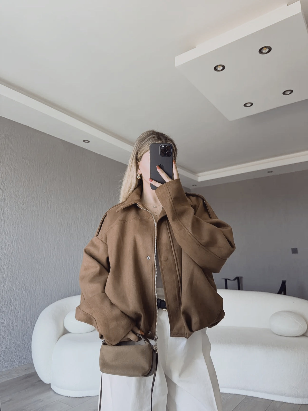 Zr model faux suede bomber jacket