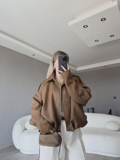 Zr model faux suede bomber jacket