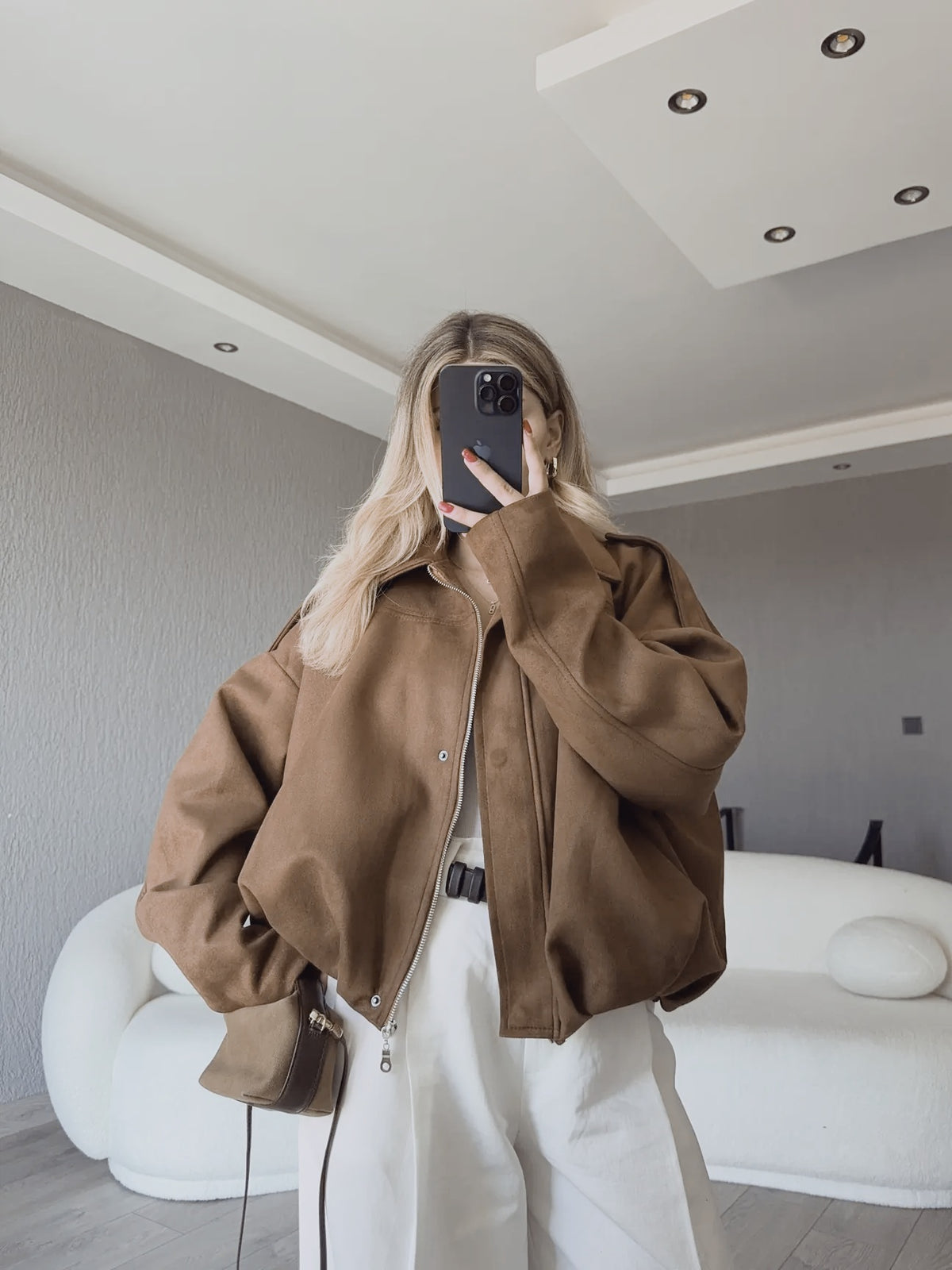Zr model faux suede bomber jacket