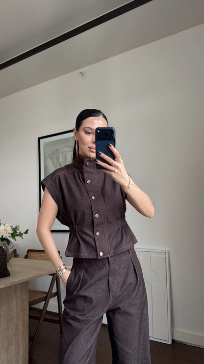 Zr model Stand collar denim vest and  trouser set