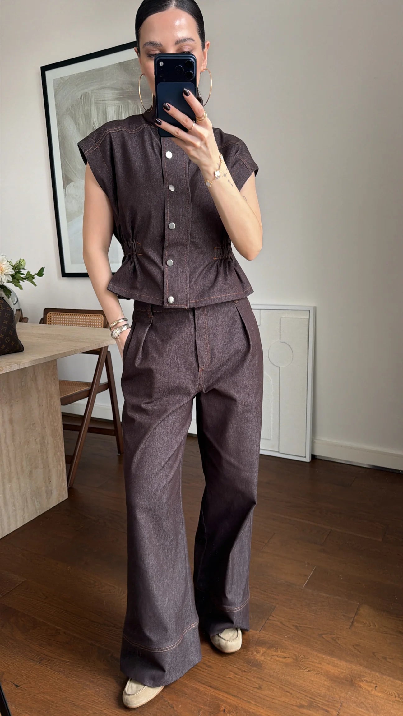 Zr model Stand collar denim vest and  trouser set