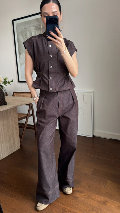 Zr model Stand collar denim vest and  trouser set