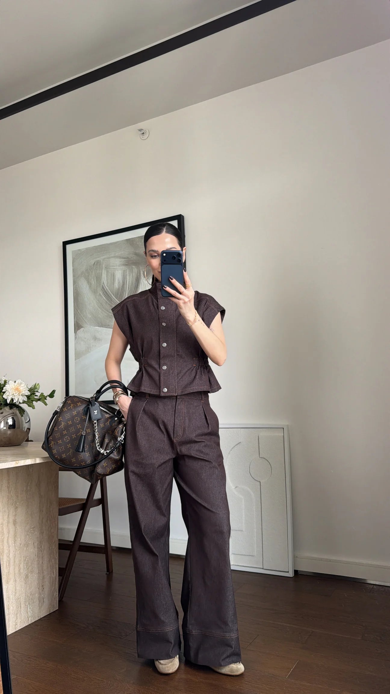 Zr model Stand collar denim vest and  trouser set