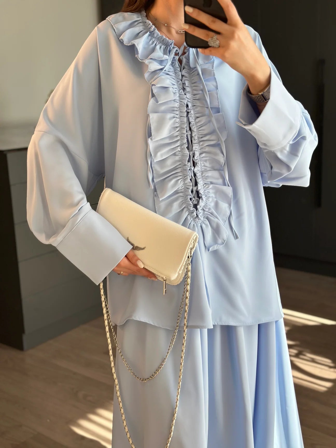 Ruffle blouse and slit maxi skirt co-ord set