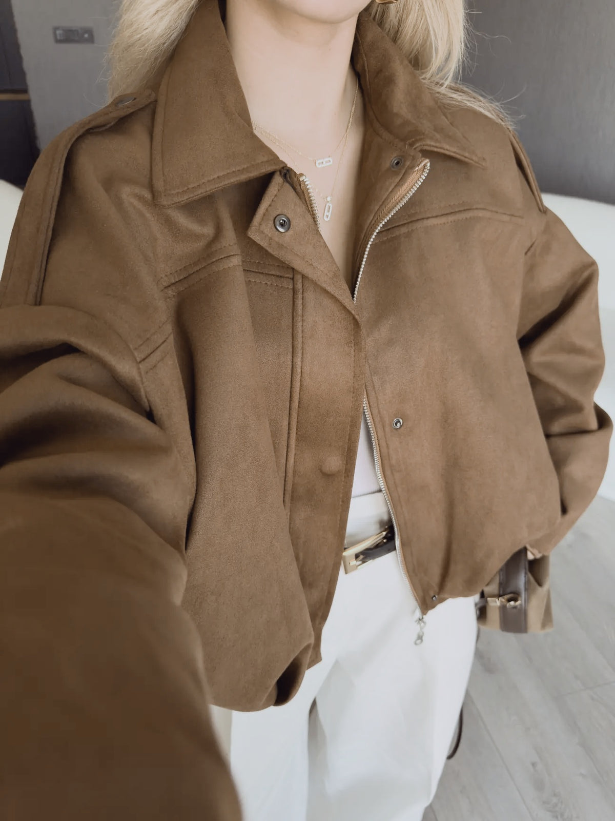 Zr model faux suede bomber jacket
