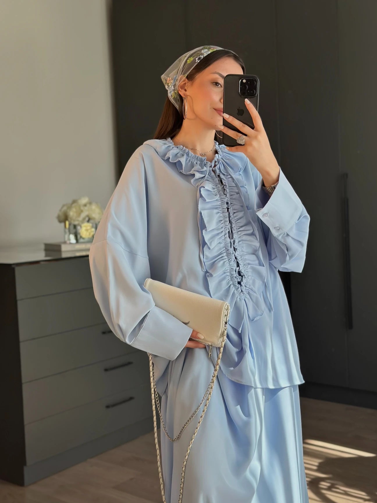 Ruffle blouse and slit maxi skirt co-ord set